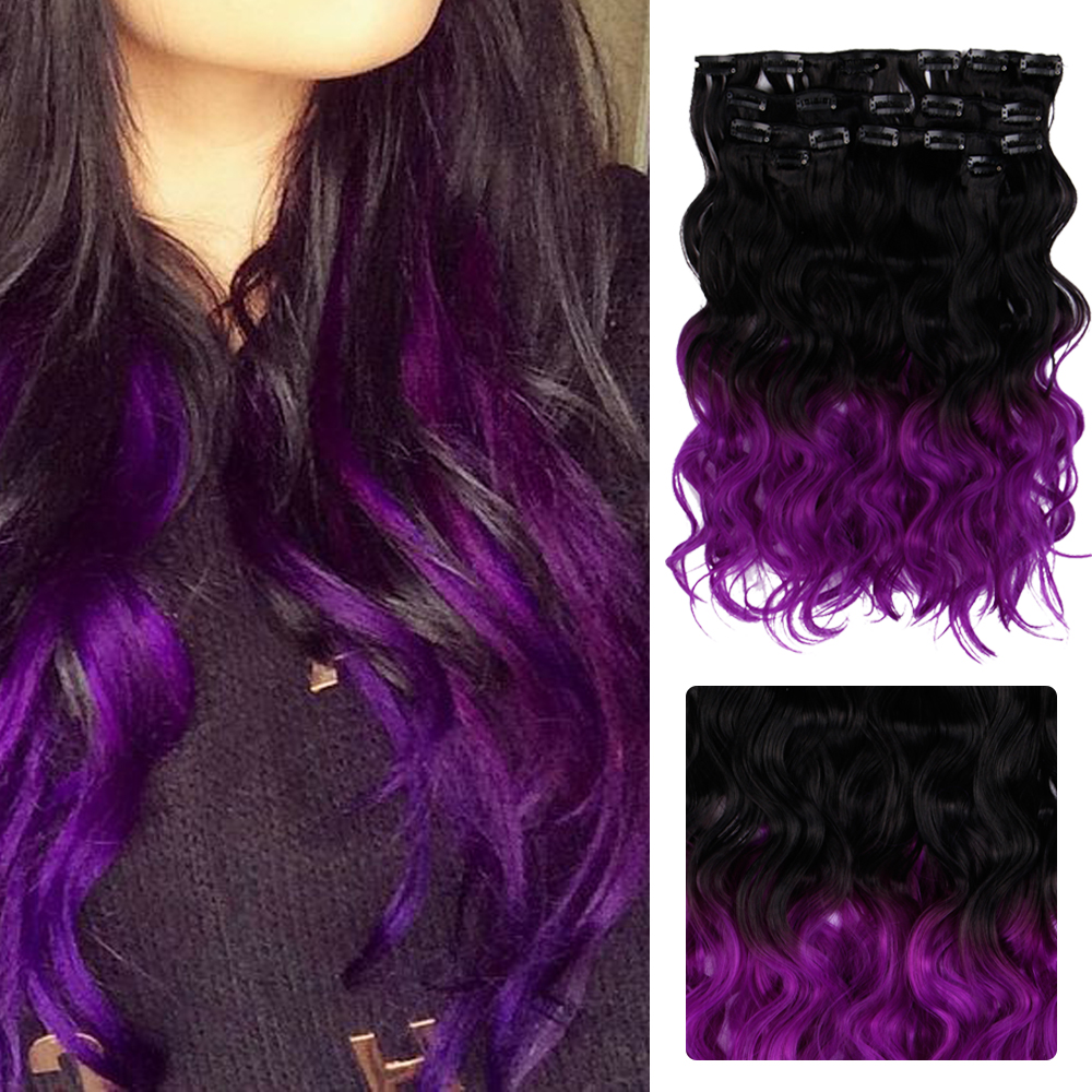 8pcs Full Head Clip In Black To Purple Dye Ombre Hairpiece