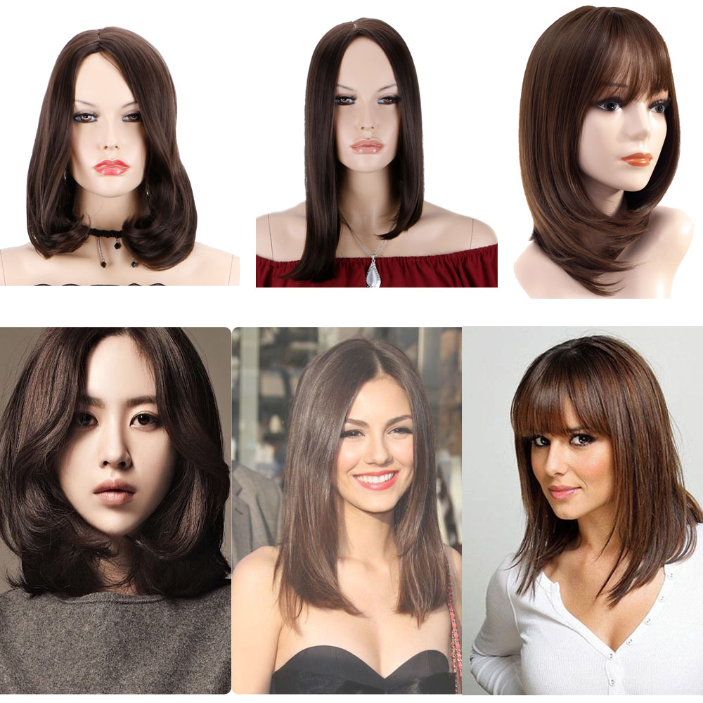 Details About Shoulder Length Medium Dark Brown Hair Wig Straight Curly Short Bob Wig Party Us